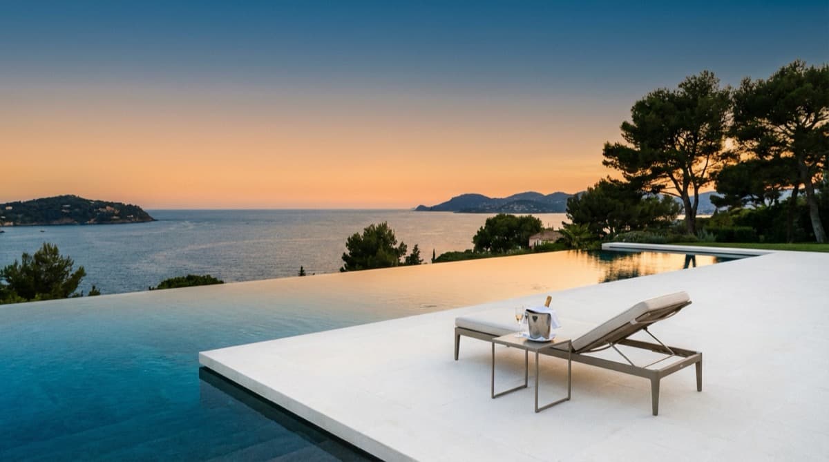 Mediterranean terrace overlooking the sea at golden hour